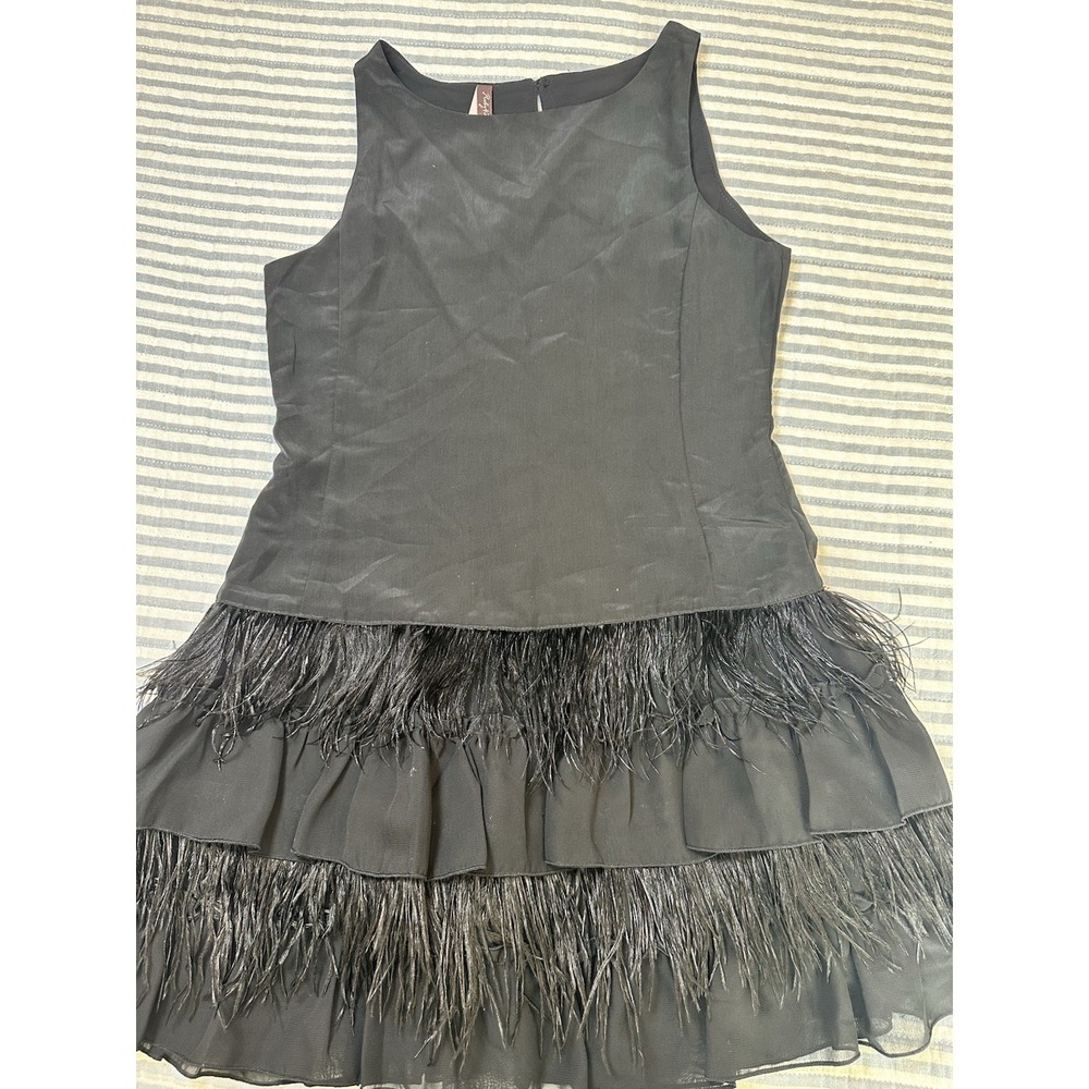 Ruby & Bloom Girls Black Sleeveless Dress Genuine Ostrich Feather Hem Size 7